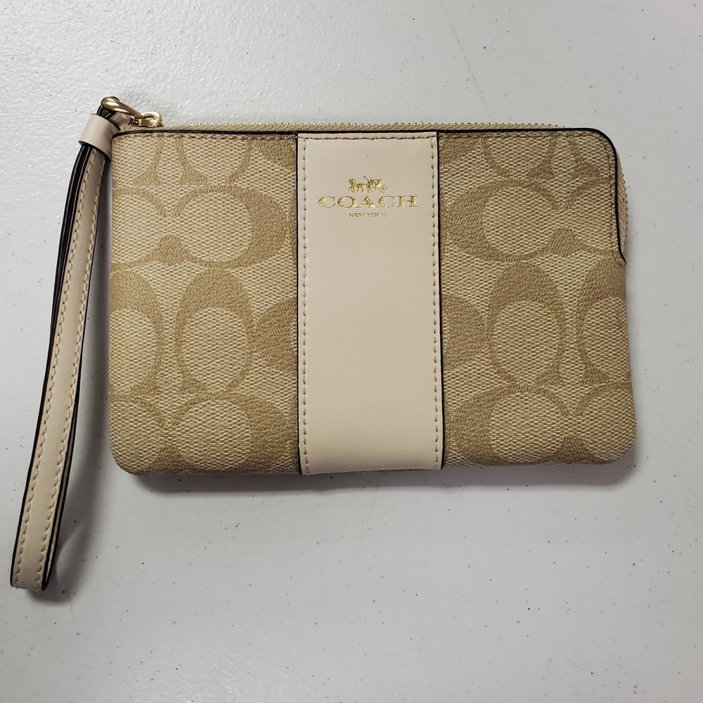 Coach Womens Signature Canvas Stripe Corner Zip Wristlet Brown Logo Luxury Small